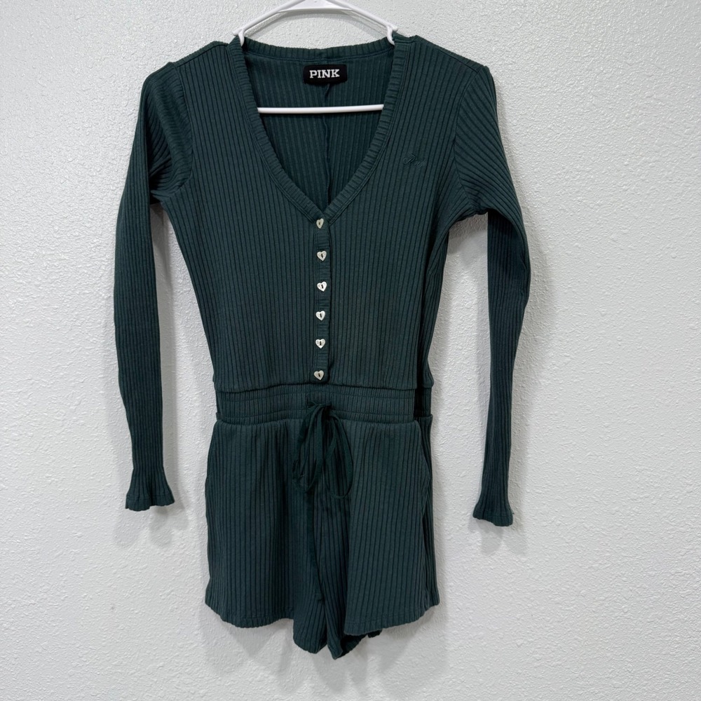 Victoria's Secret PINK Ribbed Romper Forest Green Heart Button Long Sleeve Small